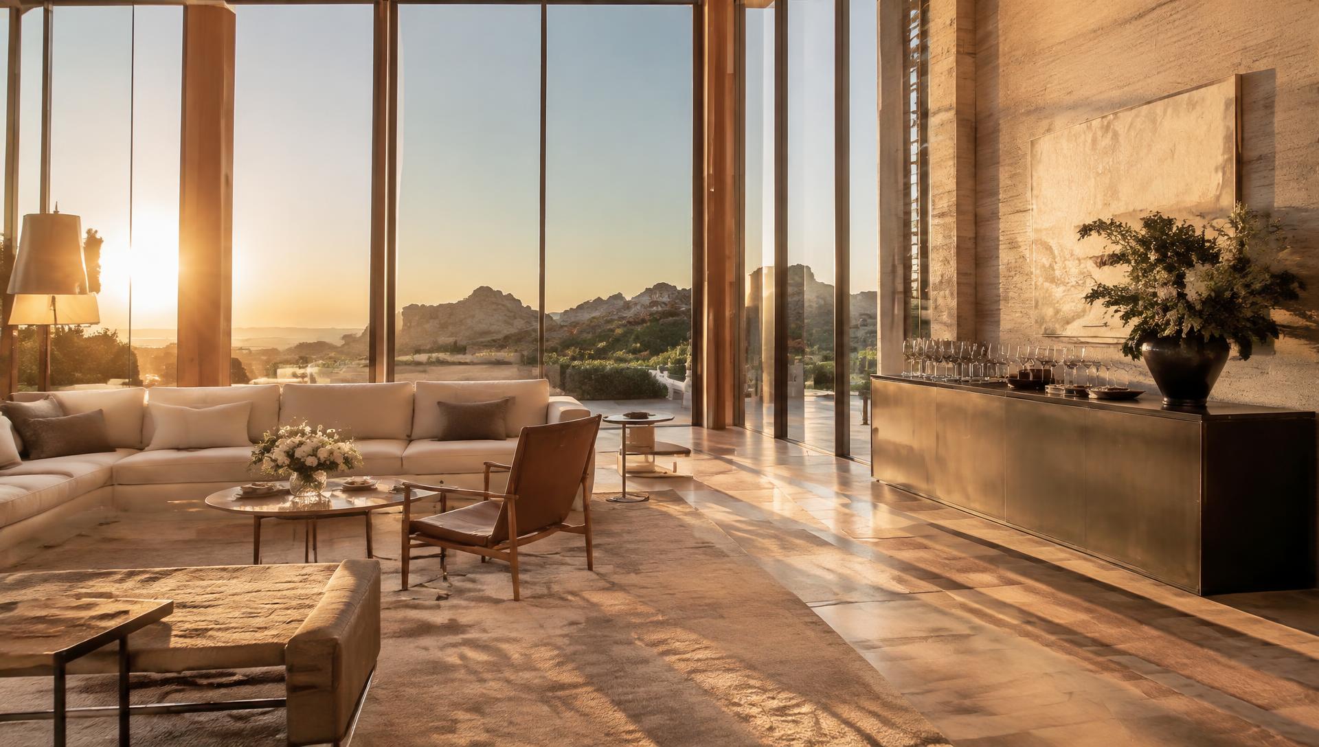 Sunlit contemporary living room with travertine and oak, prepared for a private gathering