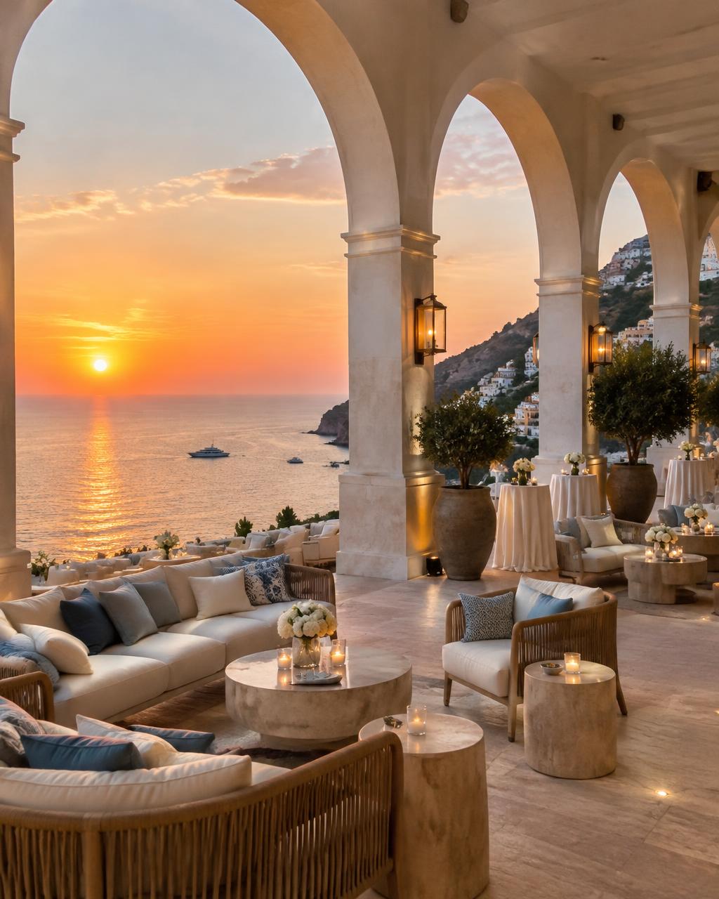 Arched seaside terrace set with lounge seating at sunset