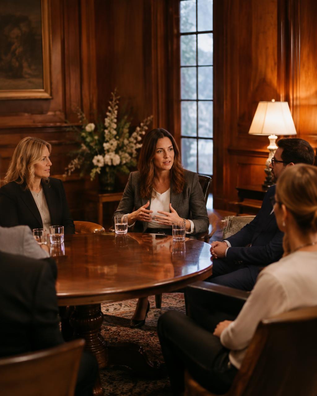 Speaker leading a roundtable discussion in a wood-panelled salon
