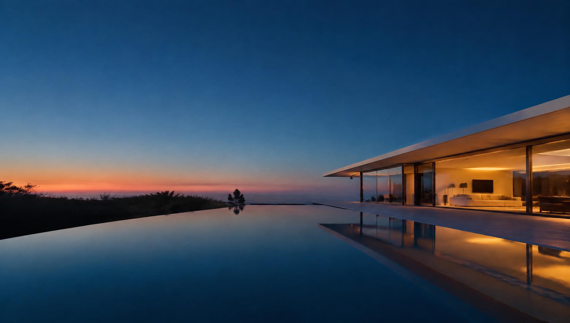 Minimalist villa and infinity pool at blue hour