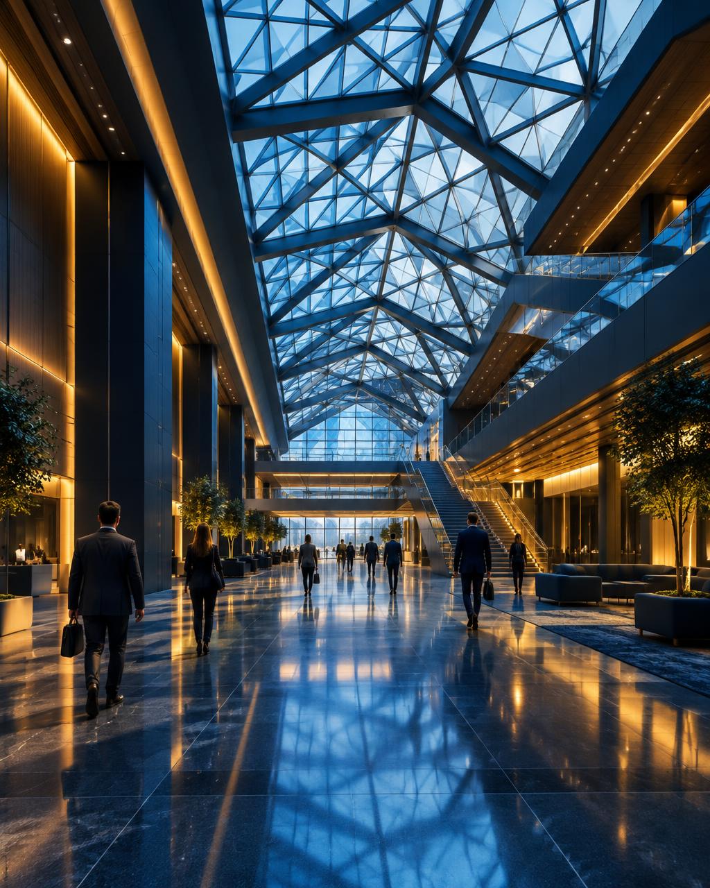 Glass-roofed atrium of an international conference centre