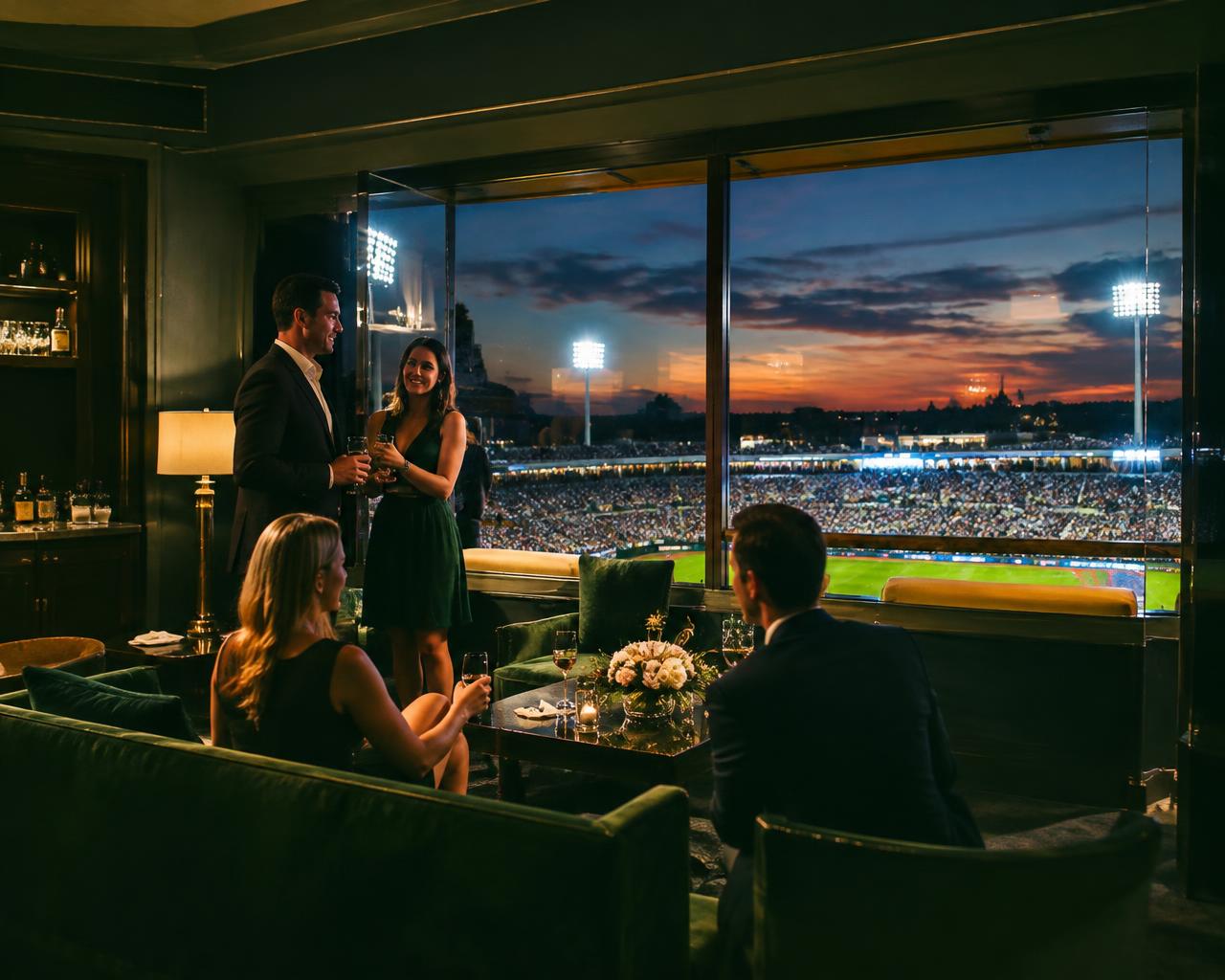 Guests in a private stadium suite at dusk