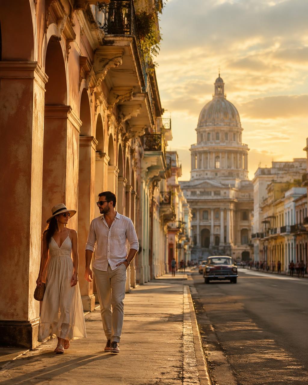Travellers on a colonnaded Havana street at golden hour
