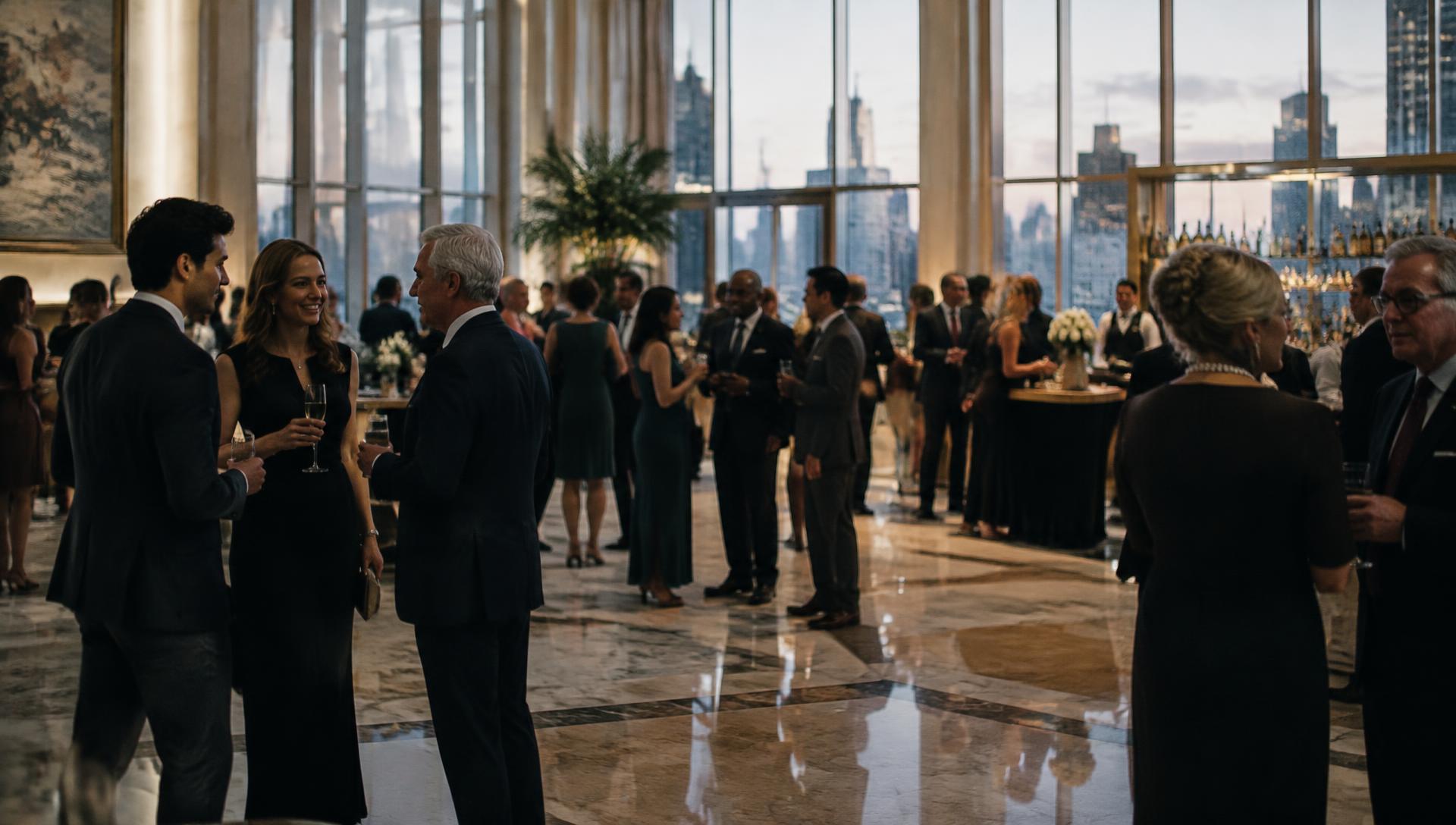 Professionals of several generations in conversation at an evening reception in a marble hotel lobby