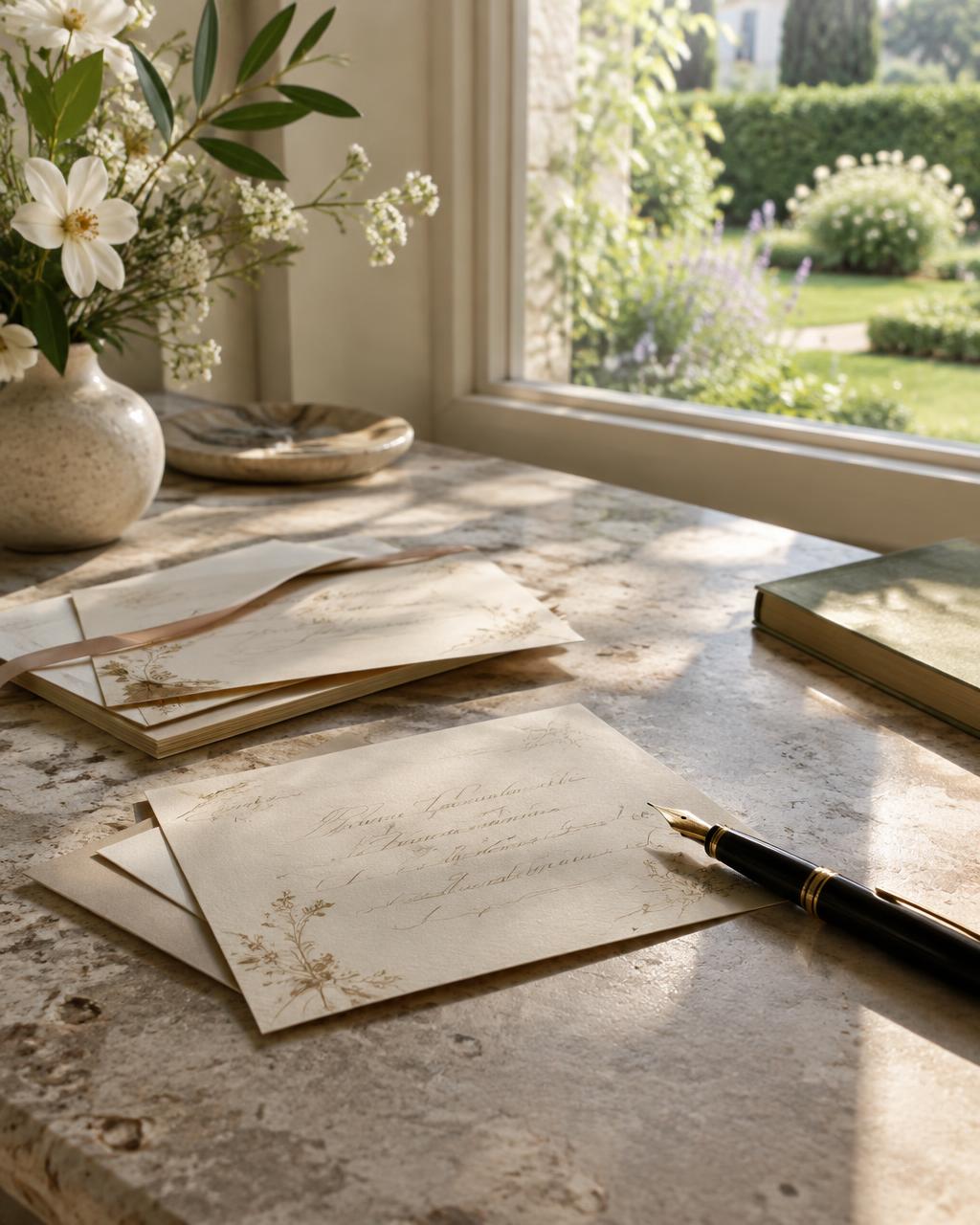 Invitation cards and a fountain pen on a stone desk beside a garden window