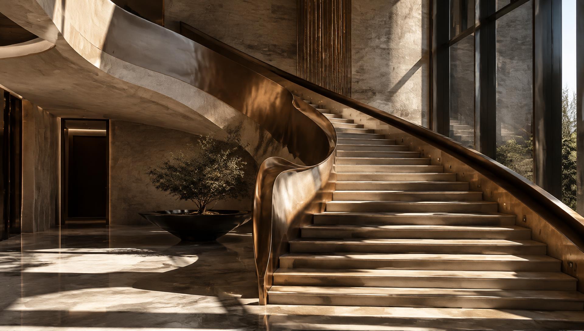 Sculptural stone staircase with a bronze railing in sunlight