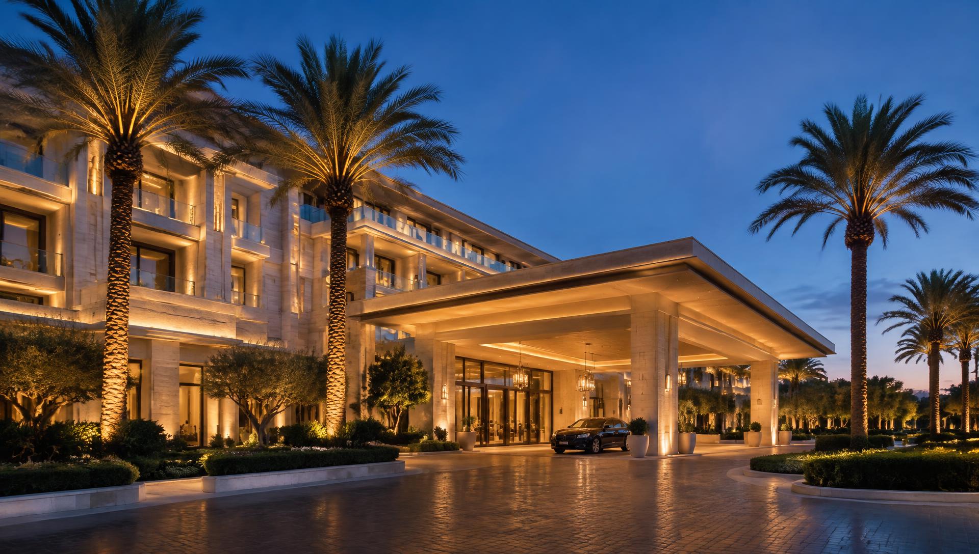 Contemporary luxury hotel entrance glowing at blue hour