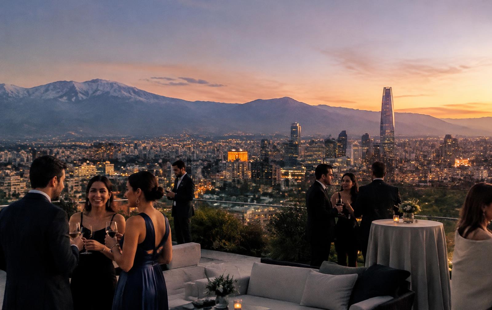Rooftop reception overlooking a city skyline and mountains at dusk