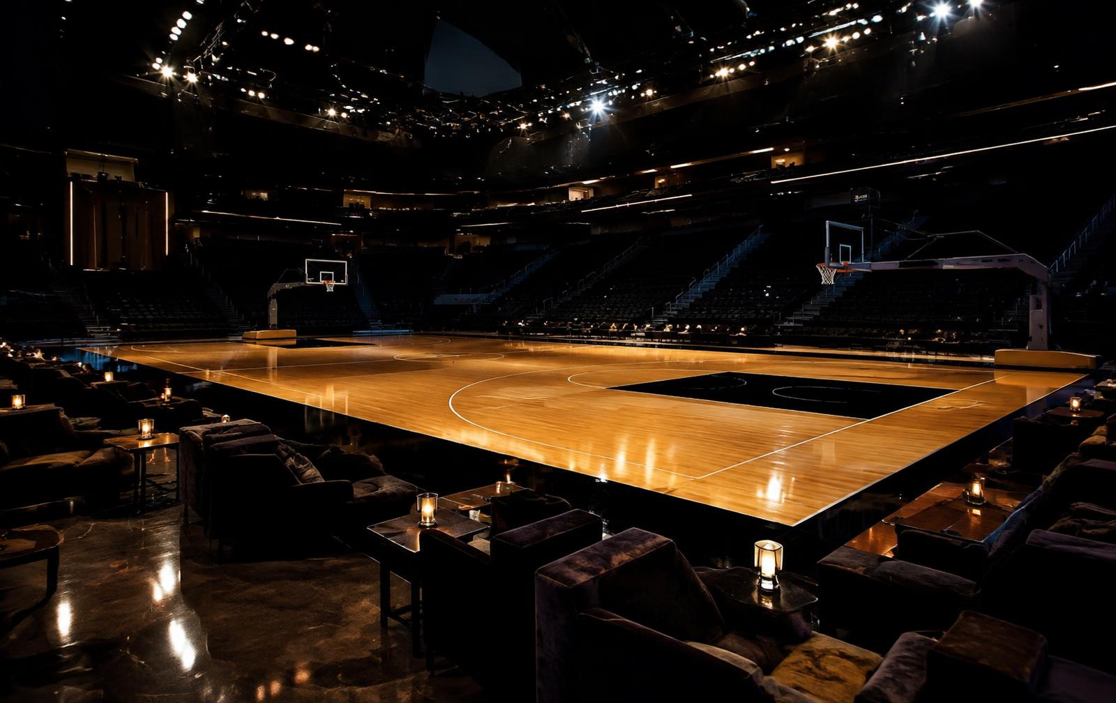 Polished basketball court framed by candlelit courtside lounge seating