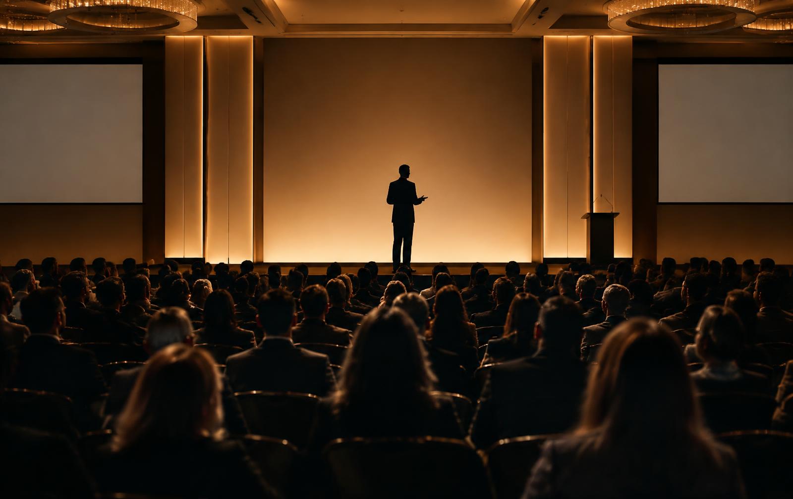 Keynote speaker silhouetted on a warmly lit stage before a seated audience