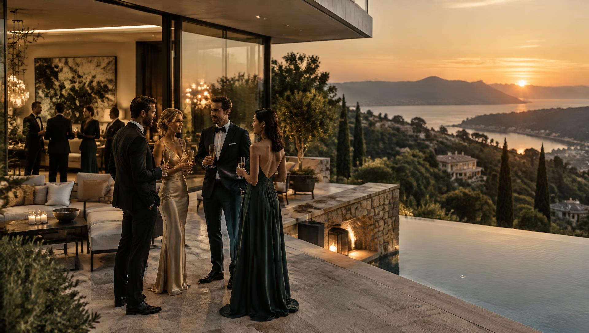 Guests in evening attire on the terrace of a glass-walled hillside estate at sunset