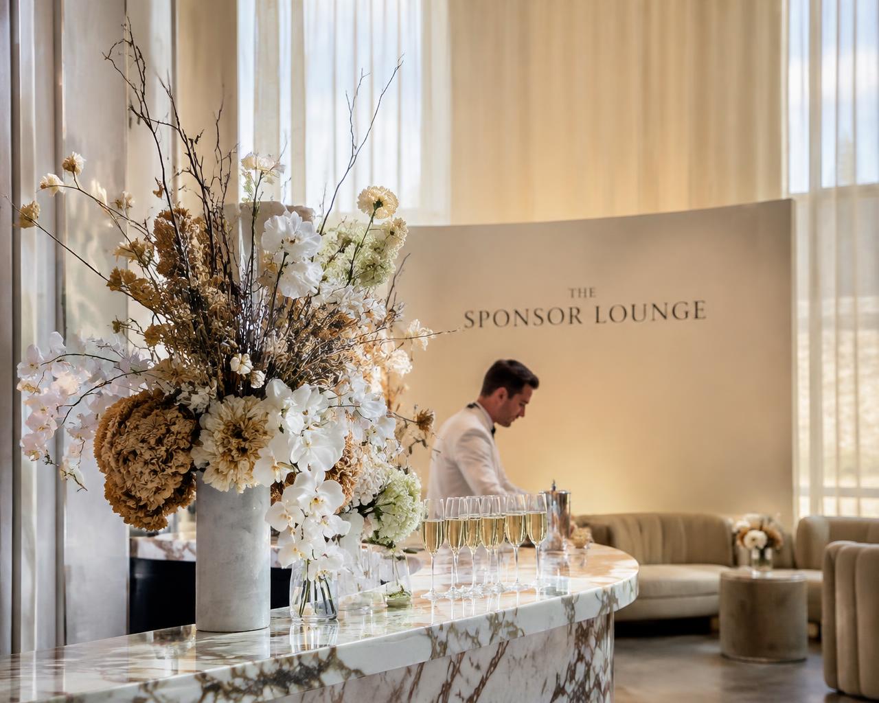 Sculptural floral arrangement and champagne on a marble bar in an event lounge
